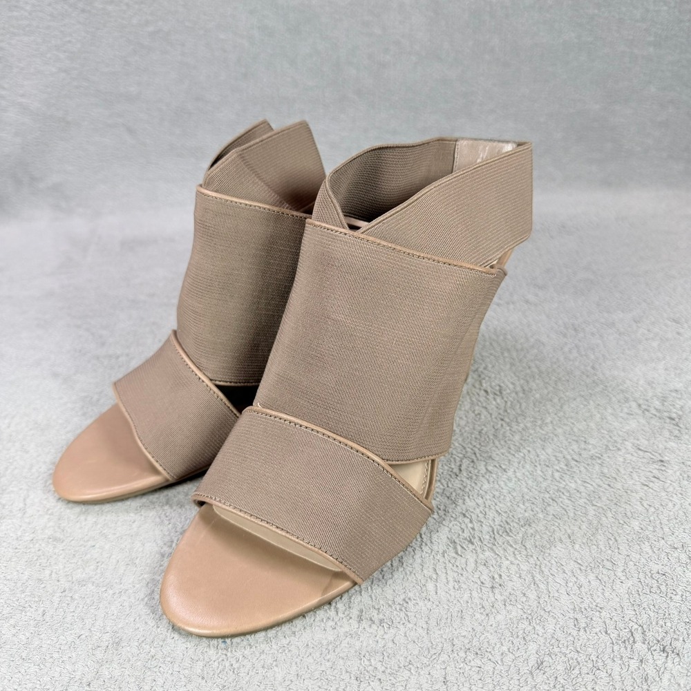 Vince Camuto Womens 9 Tan Elastic Leather Wedge Sandal Open Toe Comfort Strappy